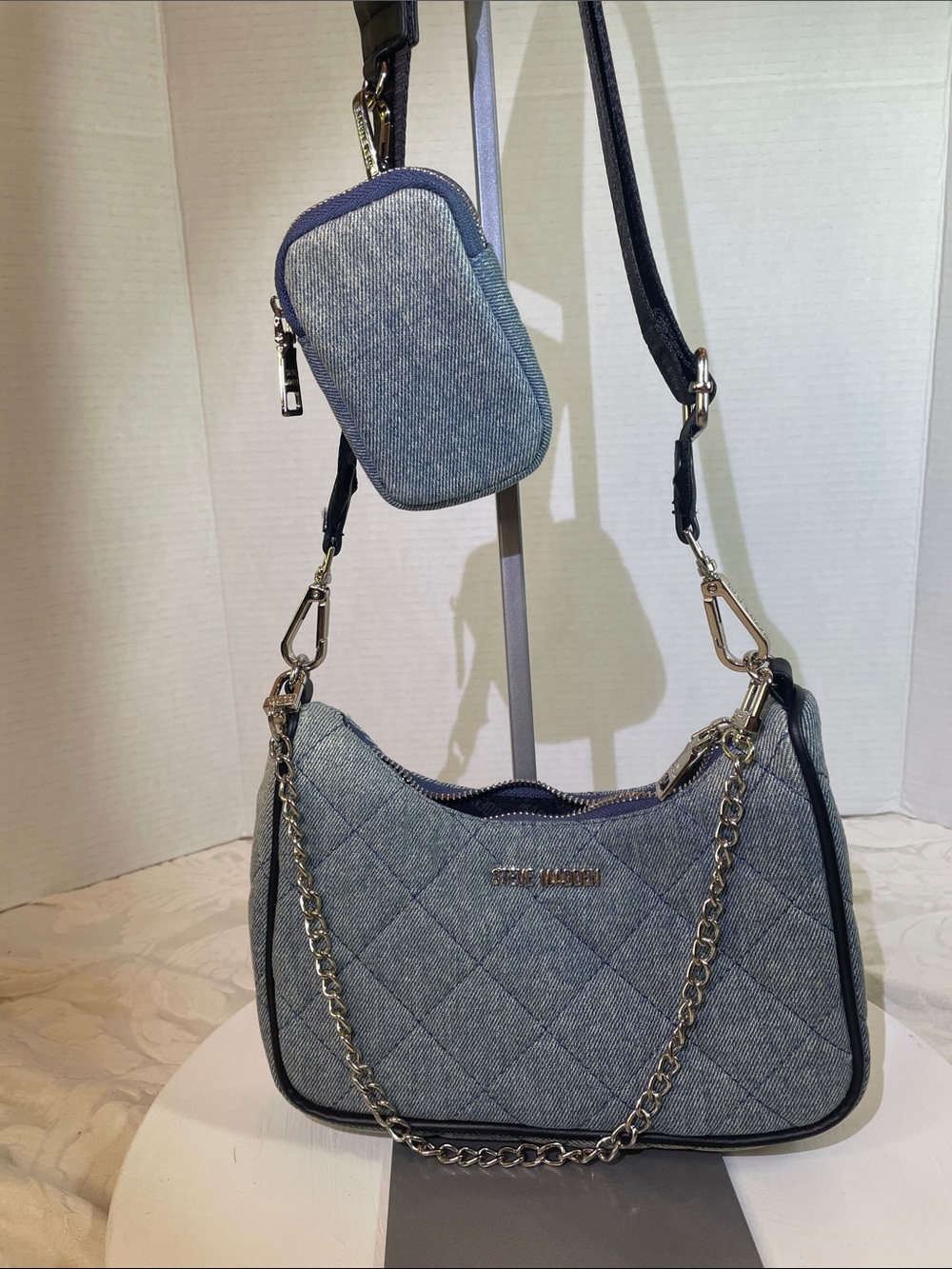 Steve Madden Quilted Denim Shoulder Bag with Silver Chain crossbody chest bag